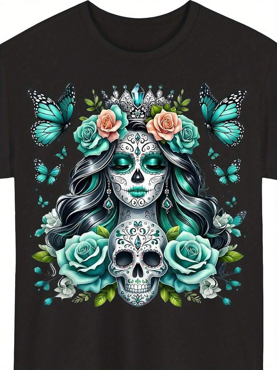 Camiseta de Calavera de Azúcar La Catrina del Día de los Muertos - Camiseta Casual de Cuello Redondo y Manga Corta con Estampado de La Calavera Catrina, Lavable a Máquina, Apta para Todas las Estaciones, Ropa, TALLA GRANDE - Negro - Ver 1