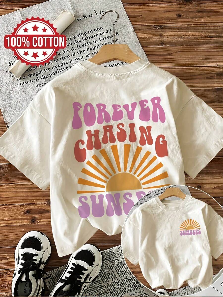 Women's Short-Sleeve Round Neck Blouse With 'Forever Chasing Sunsets' Print And Sunny Design On Both Sides - Vintage Street Style Unisex Loose Cotton Short Sleeve Crew Neck 100% Cotton Soft Fabric Breathable And Cool Short Sleeve - 杏色 - 查看 1