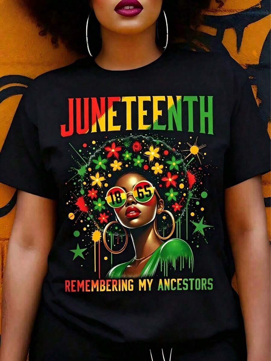 Juneteenth 1865: Elegante y Versátil, Nuevos Estilos de Primavera y Verano. Camisetas Divertidas para Mujer, Camisetas de Moda para Primavera y Verano con Cuello Redondo, Ideales para Regalar. Camiseta de Algodón - Negro - Ver 1