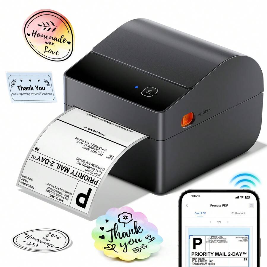 Phomemo A64M Bluetooth Shipping Label Printer 4x6, Wireless Thermal Label Printer With Built-In Paper Bin, High-Speed Inkless Printing For Small Business And Shipping Packages, Easy Setup, Compatible With Android And Windows Computers - Black Wireless Thermal Printer With Built-in Paper Tray + Orange Button - View 1