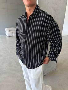 Men's Black & White Striped Long Sleeve Casual Shirt, Relaxed Fit, Minimalist Versatile Design, Suitable For Multi-Season Everyday Wear, Comfortable & Breathable - Black and White - View 5