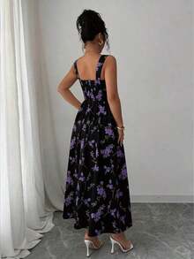 Vestido largo elegante con pliegues y recogido en la cintura con estampado floral, para la última temporada de primavera/verano para mujeres - Negro 2 - Ver 8