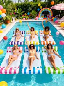 1pc Inflatable Pool Float, Inflatable Float, Pool Party Float, 2/4 Tube Lounge Chair Float, Durable PVC Material, Foldable Striped Inflatable Pool Mat, Suitable For Pool Party And Summer Gift, Inflatable Pool Float, Holiday Essential, Inflatable Pool - Multicolor - View 2