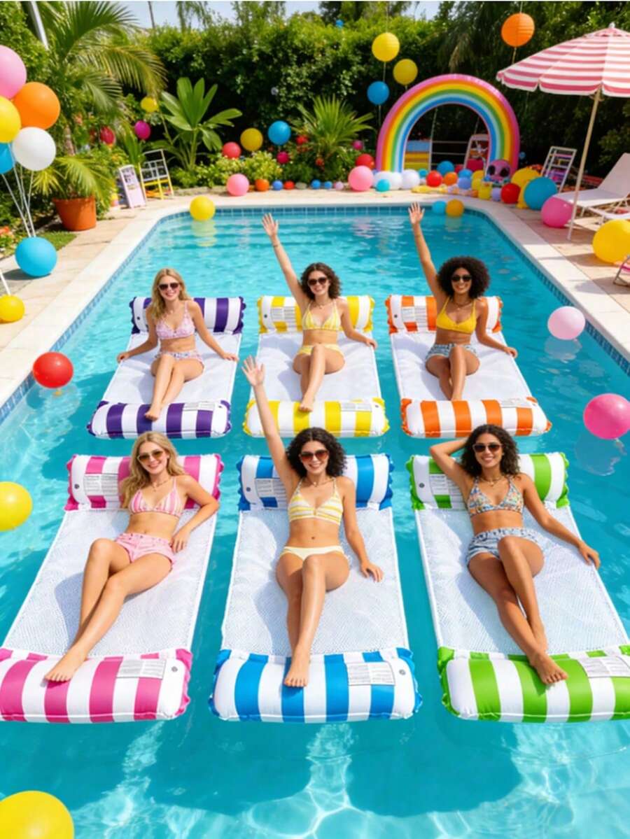 1pc Inflatable Pool Float, Inflatable Float, Pool Party Float, 2/4 Tube Lounge Chair Float, Durable PVC Material, Foldable Striped Inflatable Pool Mat, Suitable For Pool Party And Summer Gift, Inflatable Pool Float, Holiday Essential, Inflatable Pool