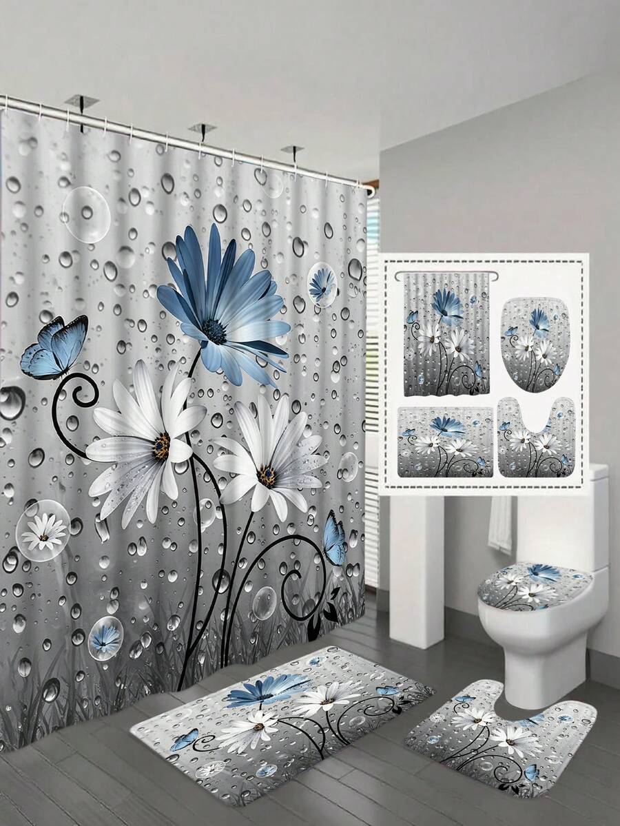Bộ 4 rèm tắm phong cách nông trại màu xanh dương họa tiết hoa cúc và bướm, bộ rèm tắm phong cách Boho mộc mạc màu xanh xám kèm 12 móc treo.