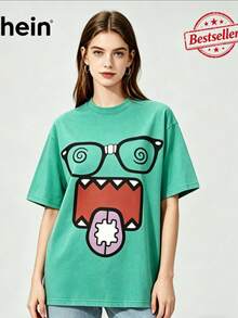 Epic Funny Dizzy Monster Print Washed Cotton T-Shirt, 220g Vintage Streetwear Loose Short Sleeve Tee, Aesthetic Casual Summer Top - 礦物綠 - 查看 2