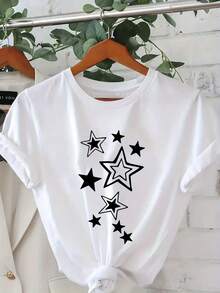 Camiseta Blanca 100% Algodón para Mujer con Estampado de Estrellas - Corte Relajado, Manga Corta, Cuello Redondo, Estilo Casual, Diseño de Estrellas en el Pecho en Forma de V, Suave y Transpirable, Camiseta para Todas las Temporadas, Ideal para Fiestas, Ropa Casual y Uniformes de Maestra, Camiseta Gráfica Lavable a Máquina para Mujer - Estilo Urbano Vintage, Unisex, Holgada, de Algodón, Manga Corta y Cuello Redondo. - Blanco - Ver 7