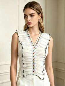 1 pieza Elegante y versátil cuello de volantes de gasa, diseño de corbata ajustable, cuello exagerado decorativo, volantes de gasa blanca transparente con lunares de colores, accesorio de cuello desmontable, atuendo de graduación, discoteca - Blanco - Ver 4