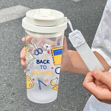 1个/5个装 500毫升返校主题便携式塑料吸管杯。这款高颜值透明旅行杯印有卡通校车、恐龙、铅笔图案和趣味文字，充满童趣和活力。 - 彩色 - 查看 11