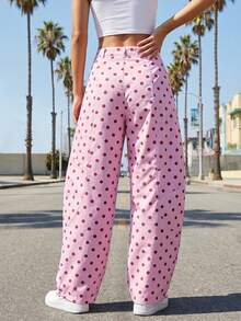 Women's Polka Dot Wide Leg Pants Mid Waisted Casual Baggy Trousers With Drawstring Hem Y2K Vintage Streetwear For Daily Vacation - 粉色 - 查看 2