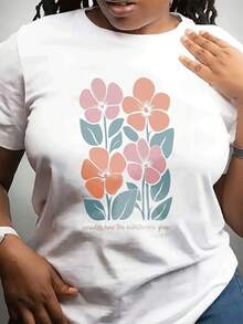 Nueva camiseta de moda corta Sve Casual cuello de la tripulación de las mujeres | Patrón de flores impresas, estilo literario fresco, perfecto para la familia y los amigos, tela elástica ligera - Blanco - Ver 2