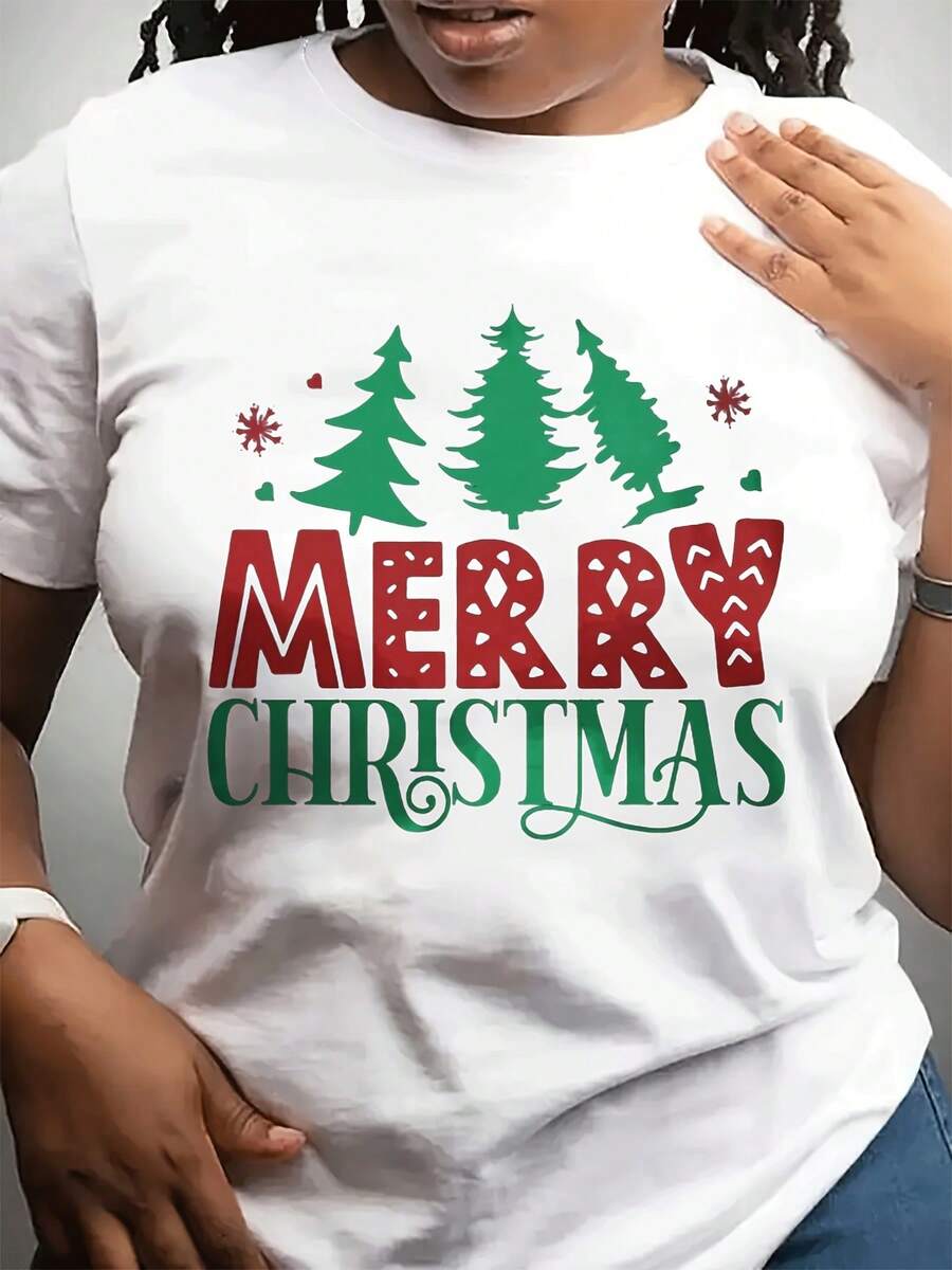 Camiseta casual de moda de cuello redondo de las mujeres con árbol de Navidad verde y letras rojas "MERRY NAVIDAY" patrón