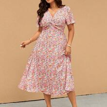 Elaquor Plus Size Women Ditsy Floral Pleated Short Sleeve Casual Vacation Dress,Summer Dresses For Women - Multicolor - Ver 4