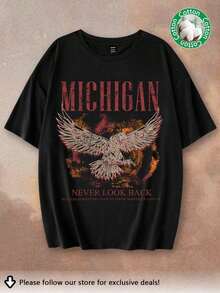 Camiseta de manga corta de ajuste holgado con cuello redondo y estampado de águila en estilo casual para mujer, adecuada para el verano - Negro - Ver 10