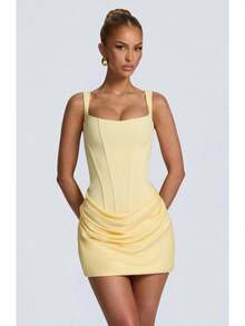 Women's Square Neck Sleeveless Dress, Corset Style Ruched Bodycon Party Dress - Yellow - View 1