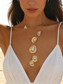 1pc Women's Bohemian Vacation Style Hammered Gold Baroque Pearl Y-Shaped Long Necklace, Snake Bone Chain Design, Dramatic Attention-Grabbing Necklace For Beach Party - Golden Yellow+White - View 6