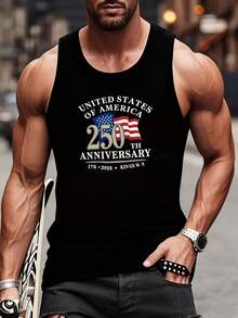 Sleeveless Tank Top Made Of 100% Fabric - Black Round-Neck Style With A 250th Anniversary Of The American Flag Printed On It. Lightweight At Only 180 Grams, Suitable For Summer Outdoor Activities, Gym Workouts, Fitness, And Everyday Casual Wear - Unisex Summer Beach Tank Top, Athletic Sleeveless T-Shirt, Comfortable And Loose Fit, Perfect For Outdoor And Daily Wear-L48 - Black - View 1
