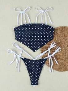 Nuevo traje de baño tipo bikini elegante y sexy con estampado floral verde en estilo bohemio con lazos, estampado floral vibrante con ribete en contraste, conjunto de bikini para fiesta en la playa y vacaciones - Multicolor 5 - Ver 2