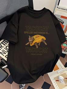 Men's Casual Crew Neck T-Shirt - 100% Cotton Knit Fabric, Short Sleeve, Loose Fit, Taco Cat Graphic Print, Weekend Casual Style - Crew Neck T-Shirt - 黑色 - 查看 9