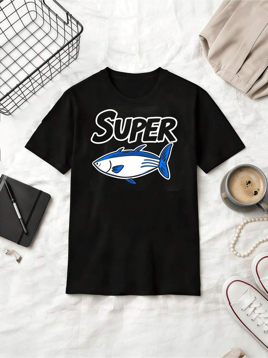 Super Thunfisch witziger Cartoon Fisch Retro Baumwolle Sommer Kurzarm T-Shirt - Schwarz - Übersicht 1