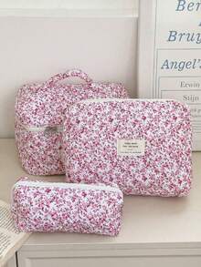 3Pcs Pink Floral Print Quilted Makeup Bag Set, Large Capacity Cosmetic Storage Bags, Portable Travel Toiletry Organizer With Zipper & Handle, Cute Aesthetic Makeup Pouch For Women - 彩色 - 查看 19