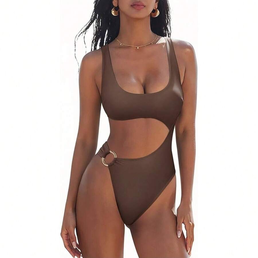 Women's Cutout One Piece Swimsuit, Scoop Neck High Cut Monokini With Side Cutout & Gold Ring Accent, Tummy Control Swimwear For Beach, Pool And Summer Vacation, 7 Colors Available - 棕色2697-6 - 查看 1