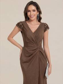 Váy dạ hội sang trọng quyến rũ cổ chữ V đính sequin màu nâu, đầm dạ hội trang trọng xếp ly ngực, váy cocktail tiệc tối mùa hè, váy khách mời đám cưới cho nữ - màu nâu - Xem 7