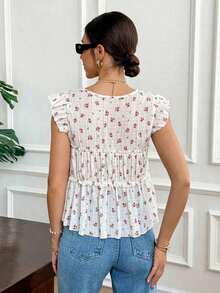 Blusa de verano casual de mujer con estampado floral retro, lazo delantero y volante en el bajo - Multicolor 3 - Ver 6