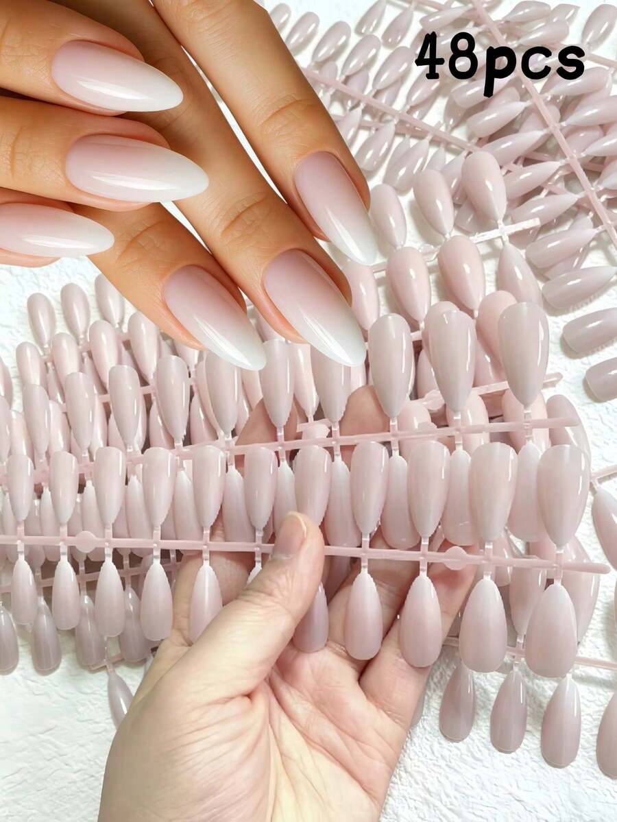 48pcs Ombre Pink & White Press-On Nails | Short Almond Shape Full Coverage Glossy False Nails, 12 Sizes, Reusable, Suitable For Daily Wear, Weddings, Dates, Parties