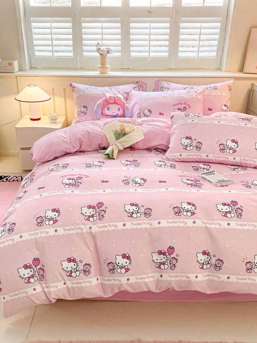 SANRIO 三丽鸥可爱印花三件套床上用品 - Hello Kitty（1 个被套 + 2 个枕套，不含被芯），卡通全尺寸，柔软舒适，适合宿舍、家庭卧室、酒店，四季皆宜，带拉链和枕套，耐用多色，超大被套套装
