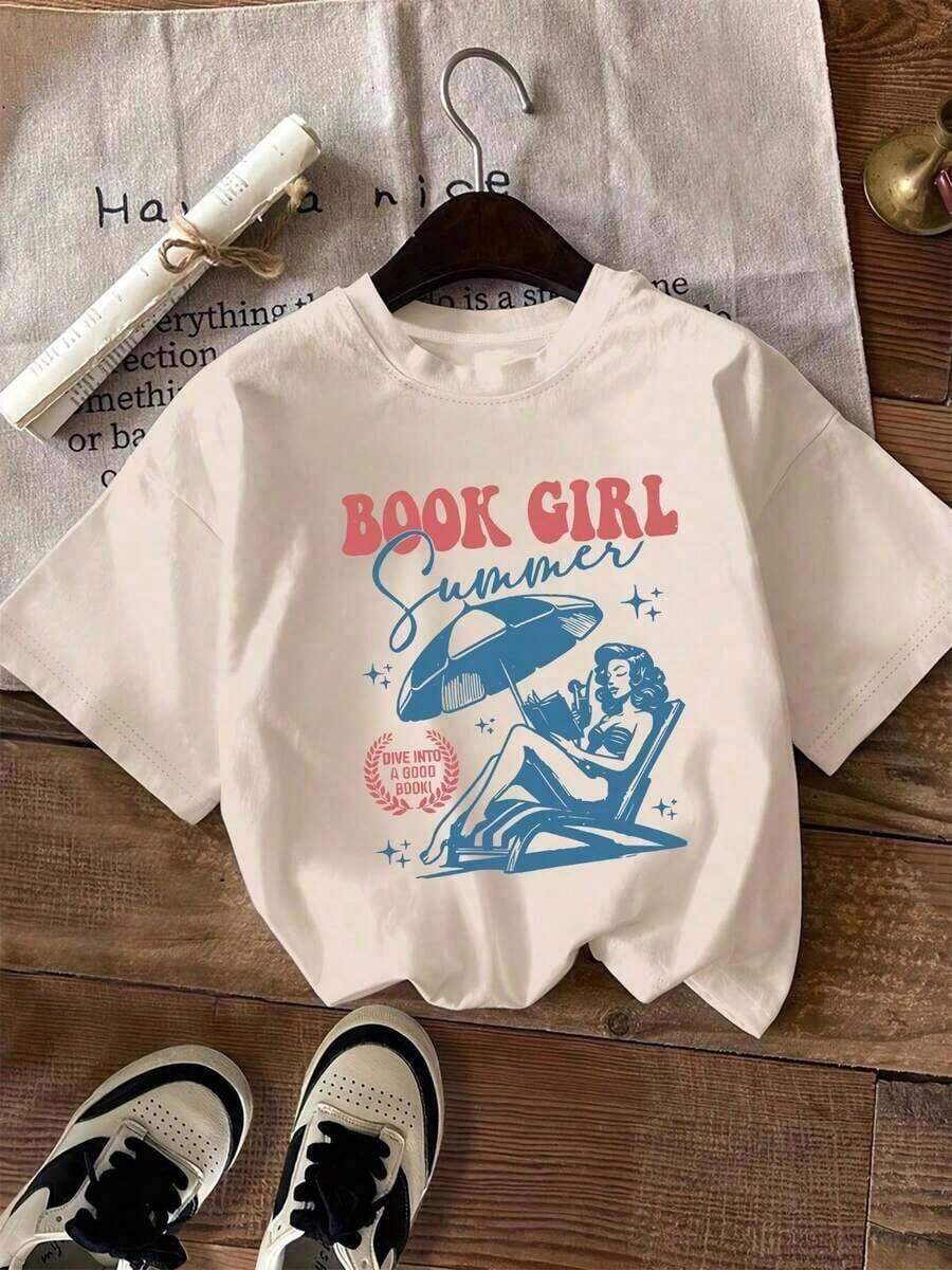 Short-Sleeved Blouse, New And Great, Vintage Blouses, Cute Top, 100% Cotton, Men's Shirts, Manfinity Graphic Tees For Men, Women's Book Lover Print T-Shirt - Summer Design Showing A Woman Reading And Stars, Made Of Stretch Polyester Fiber, Round Neck, Casual Short-Sleeved Top, Machine Washable, Suitable For Book Lovers, 100% Cotton. - 杏色 - 查看 1