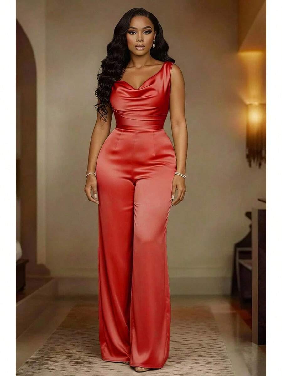 2026 New Style Champagne Gold Satin Jumpsuit Sleeveless Swing Collar Waist-Cinching Women's Jumpsuit Wide-Leg Pants Sleeveless Casual Short Jumpsuit Summer, Vacation, Poolside & Weekend Getaways TE2J - 紅色 - 查看 1