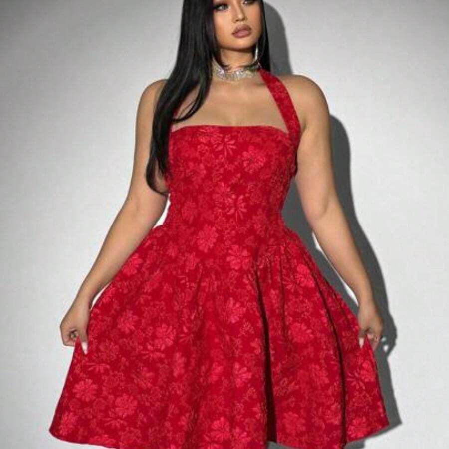 Plus Size Women Jacquard Halter Dress, Black, Valentine's Day, For Summer - Rojo - Ver 1