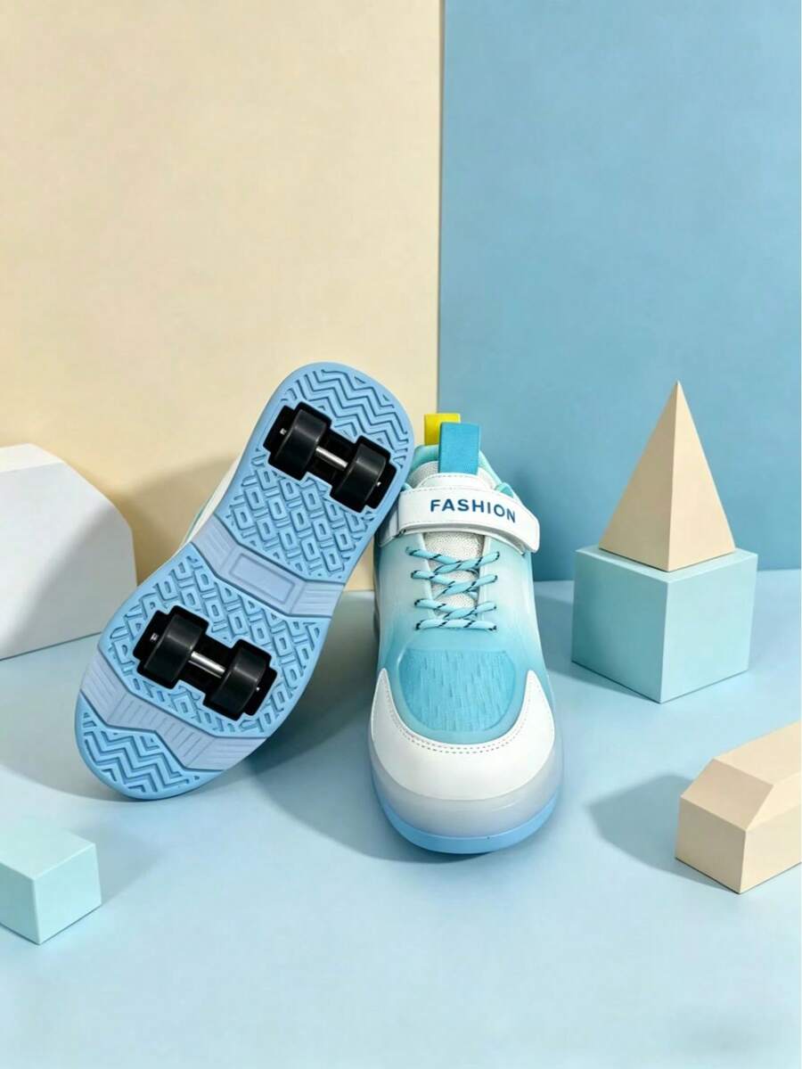 Kids' Gradient Color Hook And Loop Roller Skates, Detachable Wheels Outdoor Sports Shoes Suitable For Autumn/Winter - Baby Blue - View 1
