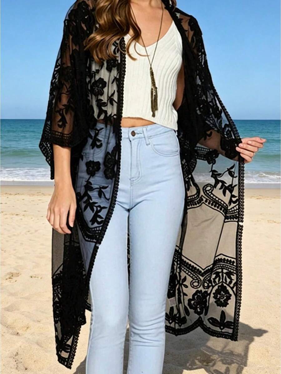 Women Casual Beachwear Cardigan, Solid Color 3/4 Sleeve See-Through Embroidery Flower Cover-UpCoachela Festival Dress Cover Up, Swimsuits For Woman, Bathing Suits For Women,Trajes De Baño Mujer - 黑色 - 查看 1