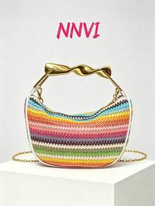 Colorful Woven Handbag, Fashionable Lightweight Shoulder Bag, Suitable For Outdoor Travel, Vacation, Camping - Red - View 1