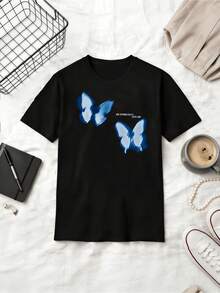 Metamorfosis Season Blue Butterfly Minimal Art Cotton Summer Short Sleeve T-Shirt - Black - View 6
