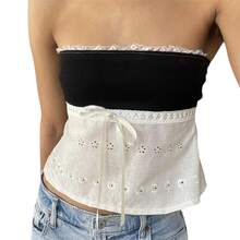 Top de tubo con ribete de encaje Y2k para mujer, elástico con hombros descubiertos Top corto, sin mangas, Top de tubo con espalda abierta, traje Grunge de hadas de los años 00 - Beis - Ver 4