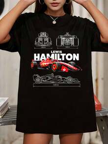 L-LewisS H-HamiltonS  F-FormulaS 1 Race Car Print Hoodie, Technical Drawing Style Top - Black - View 1
