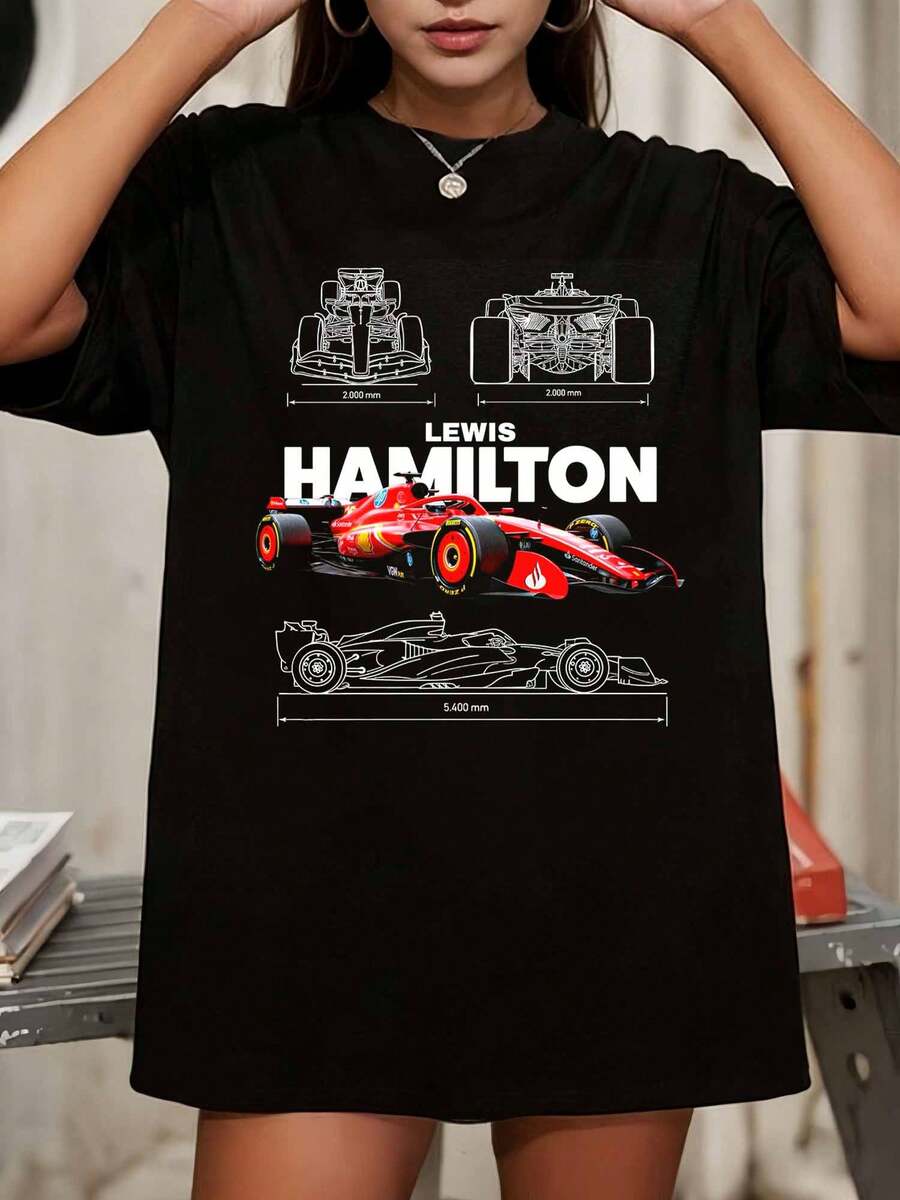 L-LewisS H-HamiltonS  F-FormulaS 1 Race Car Print Hoodie, Technical Drawing Style Top - Black - View 1