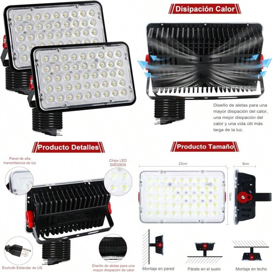 2 PCS 100W Reflectores Led Exteriores OUSIDE IP66 Water Proof Temperatura de Color 6500K Alto Rendimiento para Patio de Recreo Cancha de Baloncesto Estadio Césped Jardín Garajes - blanco - Ver 1