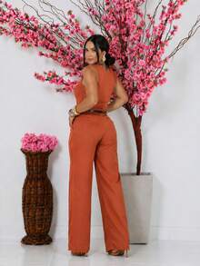 Calça Feminina Alfaiataria Reta Cintura Alta Elegante Social Casual Premium - terra cota - Visão 2