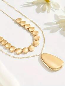1pc Women's Luxury Glossy Gold Double-Layer Necklace Set, Disc + Teardrop Pendant Long Chain, Versatile For Work, Party, Slimming, Elegant - Yellow Gold - View 4