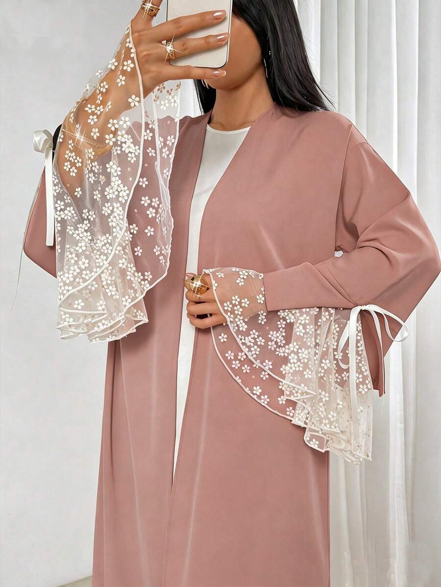 Đầm Abaya dài thanh lịch dành cho nữ, tay chuông ren tương phản, chất liệu vải dệt kim, thích hợp cho kỳ nghỉ. - Hồng - Xem 1
