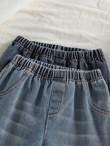 2pcs/Set Baby Boys' Loose Wide Leg Jeans, Casual Denim Pants, Baby Outfit - Blue - View 3