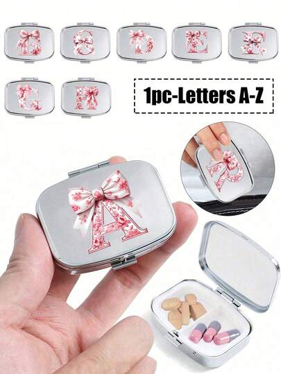 Pink Bow A-Z Letter Print Pill Box, Portable Pill Case, Mini Metal Storage Box, Compact Jewelry Pill Box, Personalized Creative Gift, Suitable For Travel, Outdoor Activities, Purse, Wedding Gift, Mother's Day, Nurse's Day, Graduation Gift