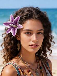 2pcs Bohemian Style Purple Faux Lily Flower Elegant Sweet Beach Holiday Side Bangs Hair Clip Headpiece,Festival,Party - 2 PCS Purple - View 2