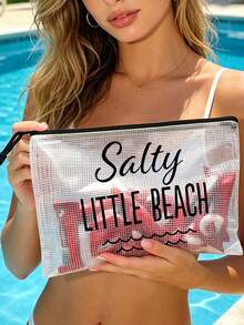 防水時尚沙灘包，印有「Salty Little Beach」海洋波浪圖案。大容量透明化妝包，尼龍拉鍊，輕巧，春/夏防曬收納，適合游泳、沙灘、潛水和夏季度假，學生返校，送給朋友、家人、閨蜜、同學的禮物。生日、節日、派對、婚禮（伴娘）、教師節的完美禮物和紀念品。郵輪必備，畢業、暑假、返校、開學禮物 - 彩色 - 查看 5