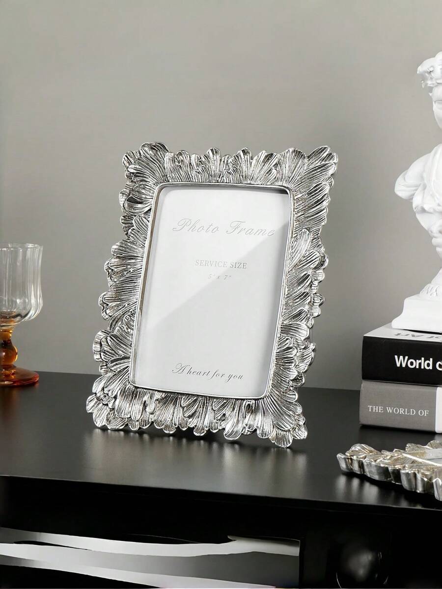 Silver-Tone Photo Frame, Handmade Resin Frame With Vintage Silver Palm Leaf Texture, Glass Panel. Compact And Elegant Wedding Photo Frame, Can Be Hung On Wall Or Placed On Desk. - Multicolor - View 1