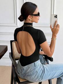 Bộ đồ liền thân tay ngắn ôm sát, cổ cao, hở lưng, gợi cảm, đa năng, thiết kế mới mùa xuân/hè tôn lên đường cong cơ thể. - màu đen - Xem 2